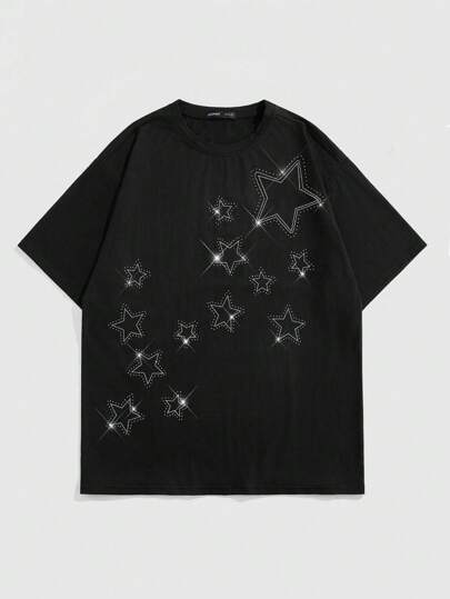 Street Life Men's Five-Pointed Star Rhinestone Decor Short Sleeve T-Shirt,Spring/Summer