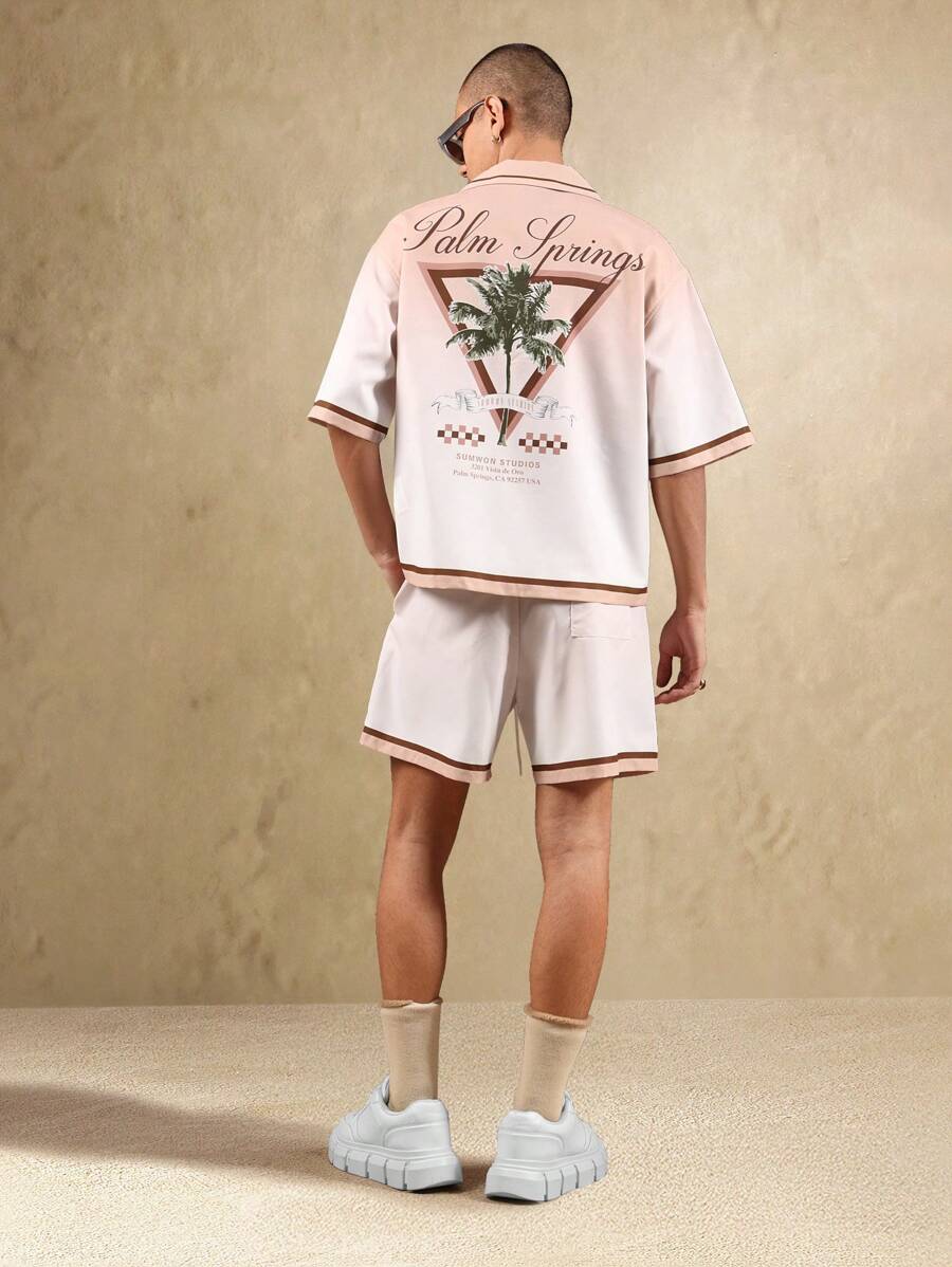 SUMWON 棕榈泉复古工作室夏季度假衬衫和短款家居服套装宽松沙滩装睡衣保龄球衫款式 - 杏色 - 查看 1