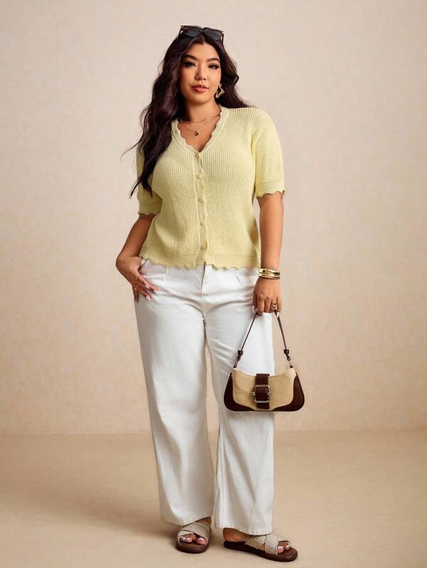 Elaquor Plus Size Women V-Neck Short Sleeve Single-Breasted Knit Top, Solid Color