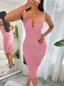 VaVaBold Vestido largo de punto ajustado con medio botón y acanalado, color burdeos, atuendo de mujer - Rosa vieja - Ver 6