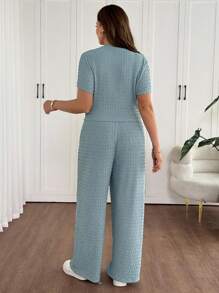 Vionelle 2pcs/Set Plus Size Casual Vacation Style Jacquard Knit Short Sleeve Top And Pants - Dusty Blue - View 2