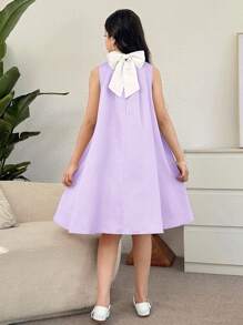SHEIN Tween Girl Casual Elegant Bow 3D Floral Pleated Back Big Bow Decor Mandarin Collar Sleeveless A-Line Dress, Suitable For Party, Wedding, Holiday - Mauve Purple - View 2