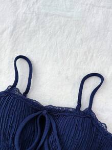 Teen Girls Navy Blue Knitted Texture Camisole Summer, Butterfly Lace BM Style, Inner And Outer Wear, Back To School, Vacation & Casual Daily Wear Tank Tops & Camis - Blue - View 3