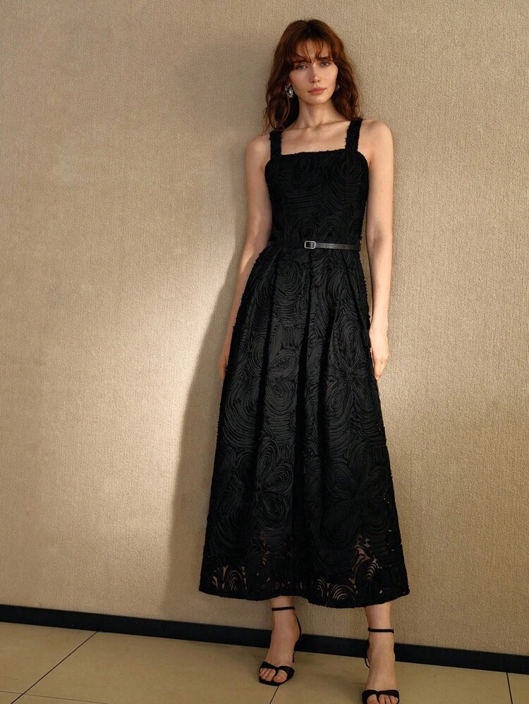 VESTIDO LARGO CON CINTURÓN DE HEBILLA DE CINTURA CEÑIDA, ELEGANTE Y ROMÁNTICO PARA UNA CITA