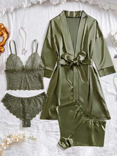 Snug Zone 5pcs Women Sleepwear Set, Solid Floral Lace Elegant Pajamas Set: V-Neck Sheer Cami Top, Triangle Briefs, Satin Shorts, Long Sleeve Robe With Belt, Ladies Home Clothes