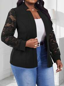 SHEIN Lady 春夏秋冬优雅通勤办公黑色针织蕾丝缺口撞色蕾丝长袖加大码工作服秋冬西装外套，女士办公着装，秋季商务休闲女装，曲线商务职业女性休闲商务休闲秋季教师