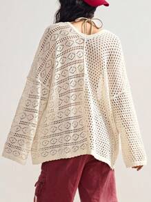 Bohemela Áo len cardigan dệt kim khoét lỗ màu trơn đơn giản cho kỳ nghỉ của phụ nữ - Màu be - Xem 4