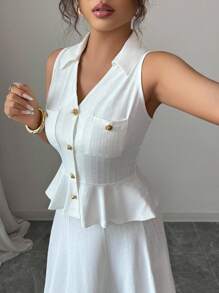 Elenzga 2pcs Women Casual French V-Neck Diamond Button Ruffle Flare Sleeve Fitted Knit Top & Skirt Set