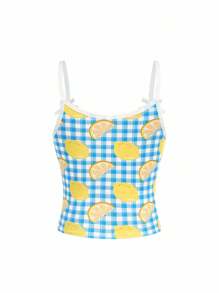 BloomMama Tween Girl Plaid & Lemon Print Fitted Camisole Top(8-12yrs)