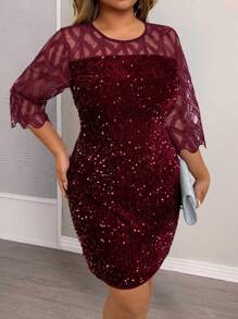 SHEIN Clasi Plus Size Women's Spring & Summer Elegant Party Mesh & Lace Sequin Patchwork Midi Dress - Burgundy - View 4