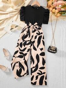 SHEIN Tween 女童优雅纯色印花拼接短袖阔腿连体裤