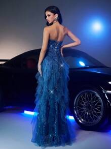 Glamrae 奢华浪漫蓝色串珠网眼装饰甜心领美人鱼风格可调节系带后背礼服，适合各种场合 - 薄荷藍 - 查看 3