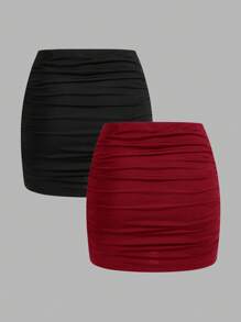 SHEIN MOD 2pcs Women Casual Minimalist Wine Red & Black Ruched Bodycon Mini Skirt Set, Suitable For Summer Suitable For Going Out Chic Dress