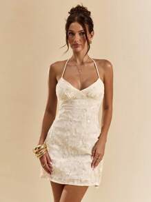 SHEIN BAE Summer Women's Backless Sequin Jacquard Green Resort Mini Dress - Apricot - View 4