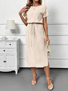 SHEIN Clasi 杏色休闲圆领短袖修身中长连衣裙女装，适合夏季度假休闲通勤 - 杏色 - 查看 4