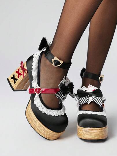 Kawaii Zapatos de tacón alto negro para mujer, estilo Y2K, con lazo lindo, punk, gótico, con correas, Lolita, correa Mary Jane, uniforme JK, plataforma, tacones, Halloween