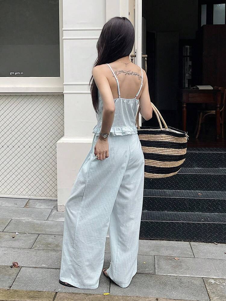 2 Pieces Set Women Summer Casual Spaghetti Strap Sleeveless Top And Pants