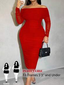 SHEIN PETITE CURVE Plus Size Solid Color Off Shoulder Long Sleeve Slim Fit Casual Dress, Summer Outfits For Women,, Elegant Dresses For Women, Suitable For People Of Shorter Stature - Red - View 1