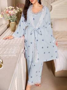 CottageSlumber 3pcs Plus Size Lace Patchwork Striped Bow Print Spaghetti Strap Top & Robe And Pants Bountiful Floral Splendor Cozy And Elegant Details, Fall & Winter Clothes Outfits - Blue - View 3