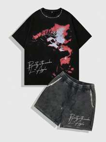 ROMWE MEN Street Life Men's Letter & Figure Print Short Sleeve Casual T-Shirt And Drawstring Waist Shorts Set - Black - View 1