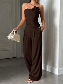 EURMUSE OFF SHOULDER 3D ROSE TOP & MID WAIST PLEATED STRAIGHT LONG LEG PANT - Brown - View 6