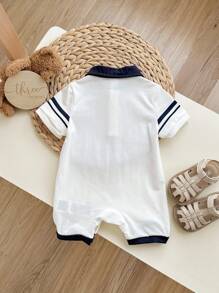 Baby Bear Color Block Polo Collar Short Sleeve Romper With Shorts