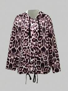INAWLY Women Front Zipper Long Sleeve Leopard Print Minimalist Hooded Casual Jacket