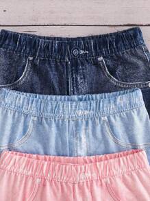 SHEIN Vintaside Kids 女婴三件套：优雅休闲风格印花水洗蓝色长裤，春夏 - 彩色 - 查看 4