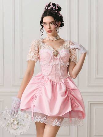 ROMWE EDITION Women's Vintage Palace Romantic Lace Patchwork Pearl Chain Decor Puff Skirt Mini Dress
