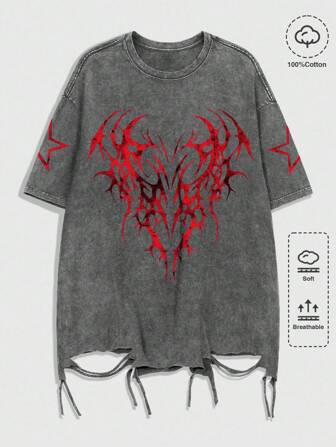 T-shirt à manches courtes gothique d'été, imprimé vintage délavé et déchiré, pour Halloween