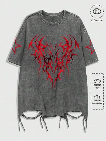 Goth T-shirt à manches courtes gothique d'été, imprimé vintage délavé et déchiré, pour Halloween