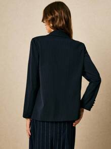 Poéselle Women's Simple Commuter Striped Lapel Single-Button Thin Blazer, Pinstripe Blazer Women, Women Pinstripe Blazer, Women Suit Jacket Autumn Winter Clothes For Women - Navy Blue - View 2