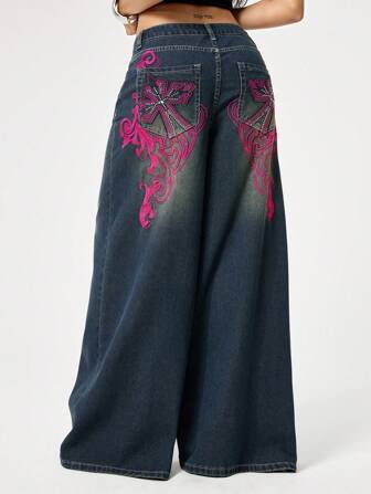 Grunge Punk Punk Distressed Cross & Vine Embroidery Washed Loose Straight Leg Extra Long Jeans Pants