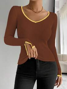 SHEIN LUNE Contrast Trim Cuff Slit Casual Fitted Women Sweater Knit Pullover Fall Winter - Multicolor - View 5