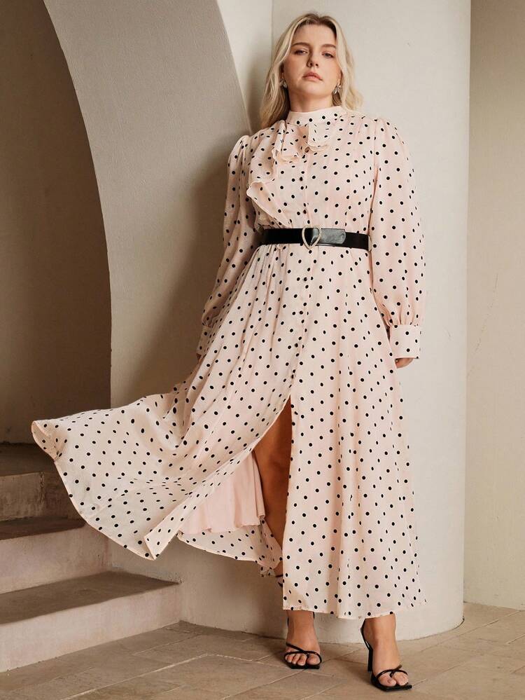 Elegant Plus Size Pink Polka Dot Print Long Sleeve Flare Dress With Waist Belt And Ruffle Hem, Fashionable
