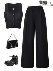 Set de 2 piezas para adolescentes: chaleco sin mangas con abertura frontal y pantalones anchos de cintura elástica, conjunto casual para uso diario en verano - Negro - Ver 6