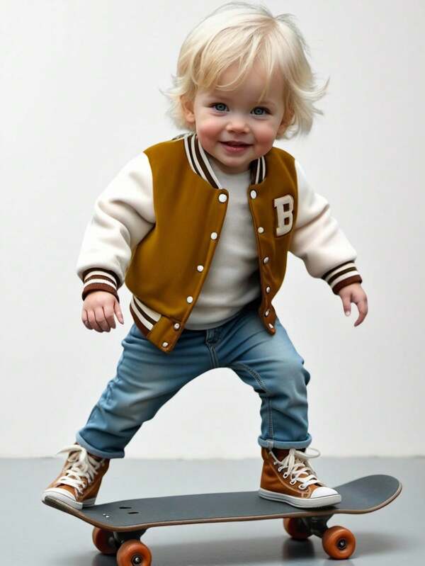 SHEIN Baby Jungen Lässig Alltags Sport Streetwear Jacke mit besticktem Buchstaben-Patch, langärmlig, geeignet für Herbst & Winter