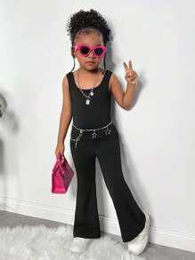 Sleeveless Knit Backless Jumpsuit, Cute Casual Everyday Versatile Fashionable Style For Young Girls Girls Black Jumpsuit Girls Jumpsuit Black Girls Jumpsuit Kids Black Jumpsuit Teen Jumpsuit - Black - View 7