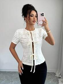 Chiquease Camiseta feminina casual elegante com decote em V e manga curta - Damasco - Ver 1