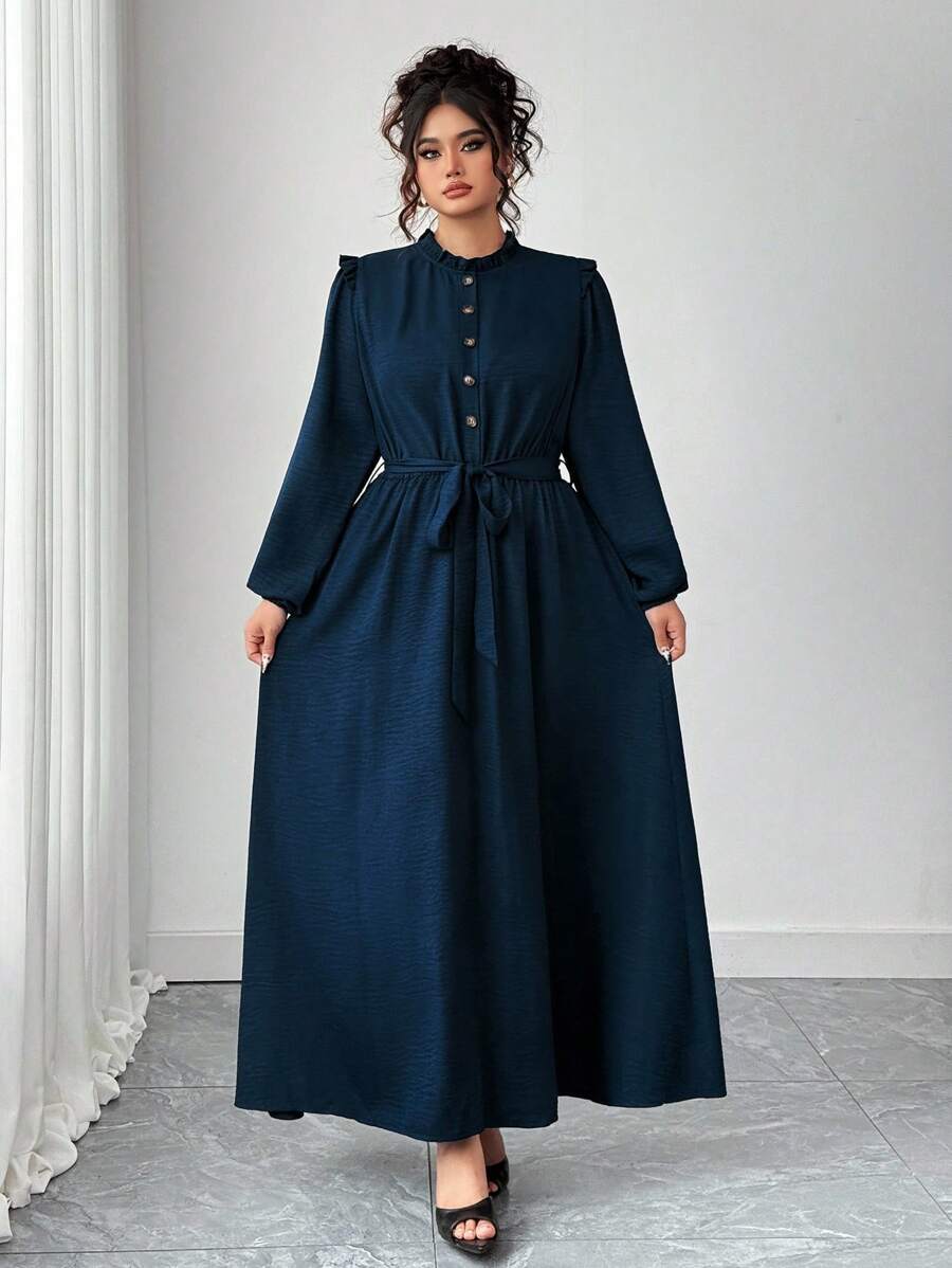Elenzga Plus Size Women's Bowknot Collar Long Sleeve Romantic Dress, Elegant & Stylish For Commute, Casual Outing, Holiday Wear, Spring Fall Cloth For Women - Navy Blue - View 1