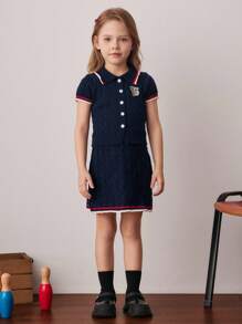 PrepCrw Young Girls College Style Twisted Floral Knit Cardigan Knit Skirt Set - Multicolor - View 3