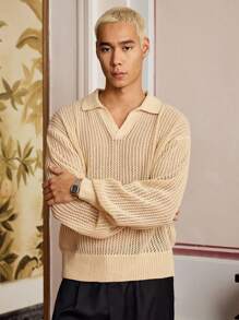 SWAVVY 男士纯色立领长袖休闲宽松针织上衣 - 芥末黃 - 查看 1