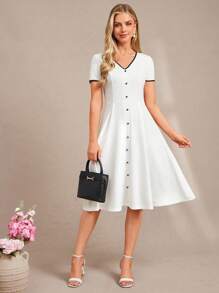 Amorya Váy nữ cổ chữ V cài nút chấm bi đỏ, thắt eo, quần áo mùa xuân, váy ngày lễ tình nhân, trang phục đi học, trang phục công sở cho phụ nữ, trang phục giáo viên, váy mùa hè cho phụ nữ, váy dự tiệc cưới, trang phục đi nghỉ cho phụ nữ, váy cho phụ nữ, trang phục sinh nhật thanh lịch cho phụ nữ - Đen và trắng - Xem 8