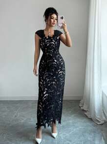 Selianne 高端黑色花卉刺绣镂空优雅正式长款晚礼服（花贴） - 黑色 - 查看 7