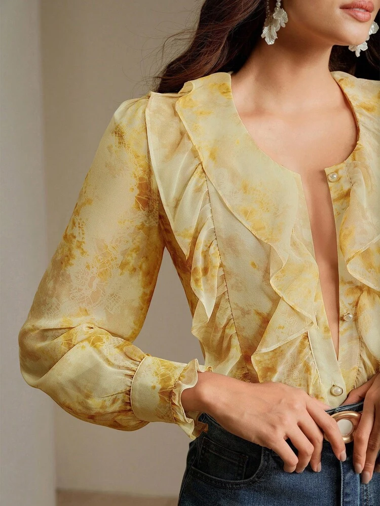 Women's Elegant Floral Ruffle Trim Refined Sweet Girl Downaing Versatile Blouse