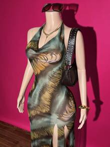 Slaydiva 2025 Frühlings-/Sommer Neues Boho Musikfestival, Ostern, Western, nomadischer Stil langes Kleid für Geburtstagsparty, Abschluss, Studenten Alltag, Lässig, Urlaub, Kreuzfahrt, Strand, Sonnenanbetung, sexy grünes Tierdruck Mesh trägerloses rückenfrei High Slit Maxikleid für Damen