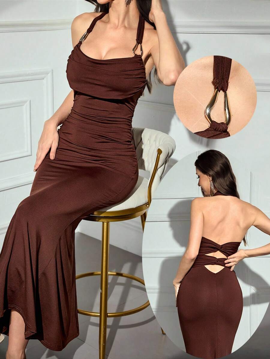 Modelyn Women's Elegant Backless Halter Dress, Solid Color - Coffee - View 1