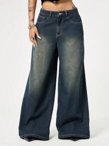 ROMWE Grunge Punk Punk Distressed Cross & Vine Embroidery Washed Loose Straight Leg Extra Long Jeans Pants