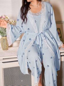 CottageSlumber 3pcs Plus Size Lace Patchwork Striped Bow Print Spaghetti Strap Top & Robe And Pants Bountiful Floral Splendor Cozy And Elegant Details, Fall & Winter Clothes Outfits - Blue - View 4