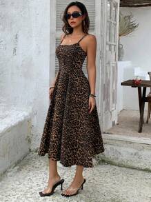 DAZY Women's Summer A-Line Denim Strap Dress With Leopard Print